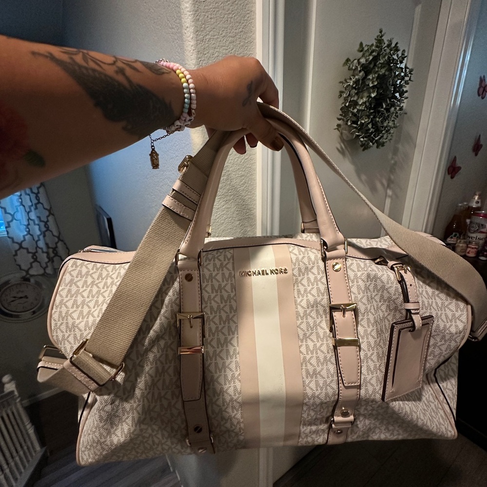Michael Kors Monogram Beige and White Duffel Bag